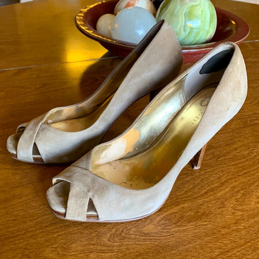 Nine West Taupe Suede Peeptoe Heels